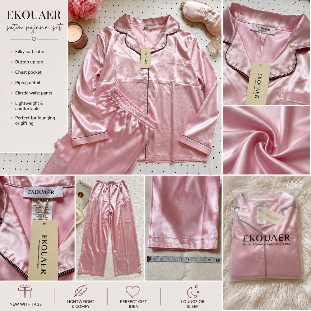 Ekouaer Women Pink Satin Pajama Set Button Up Top Elastic Waist Pants Size L NEW
